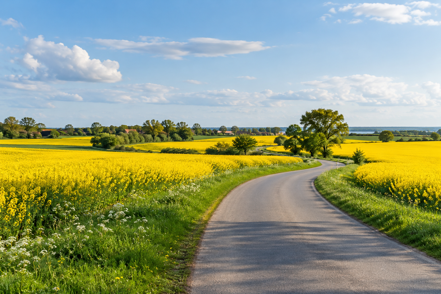 Landstraße durch blühende Rapsfelder