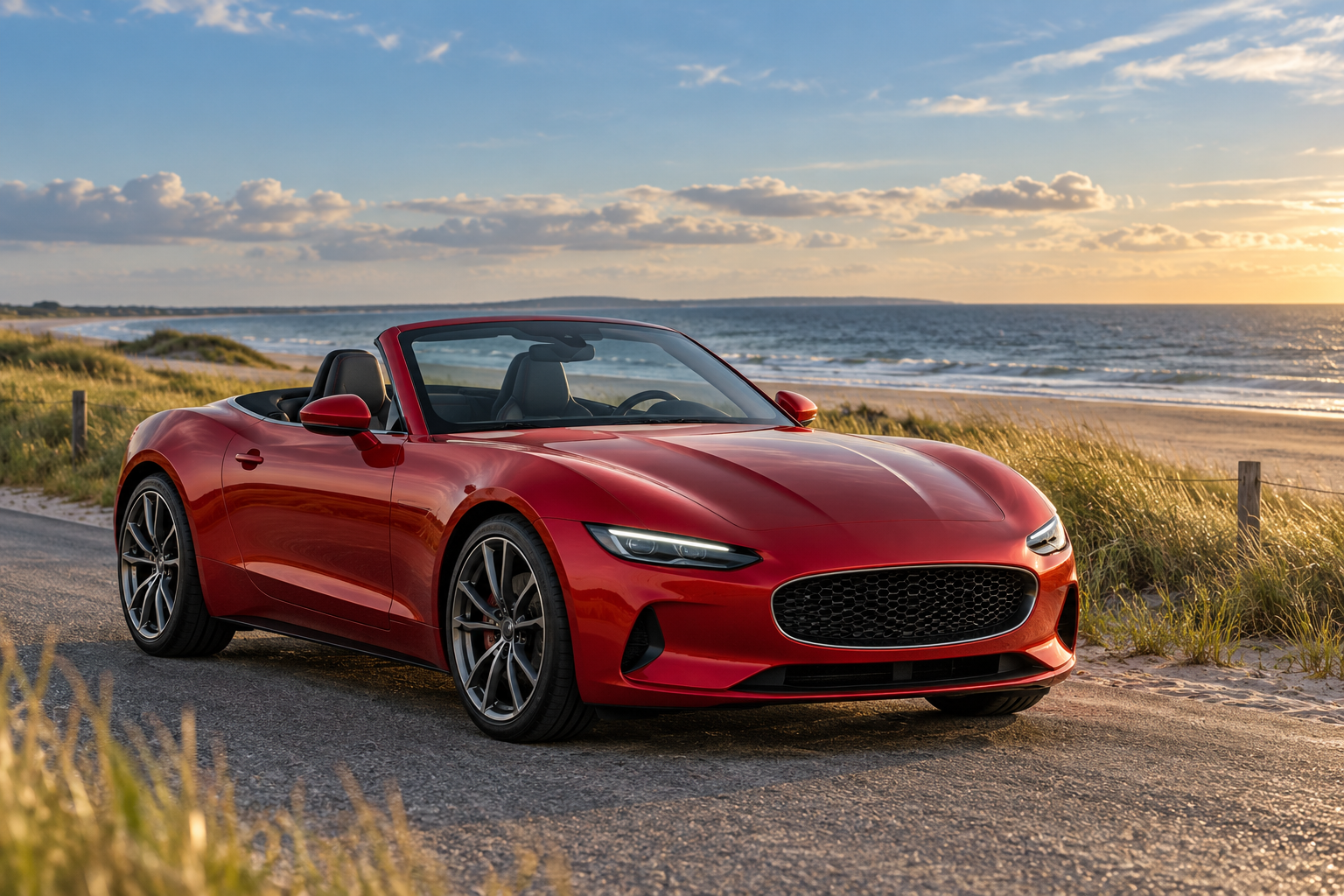 Moderner roter Roadster an der norddeutschen Küste