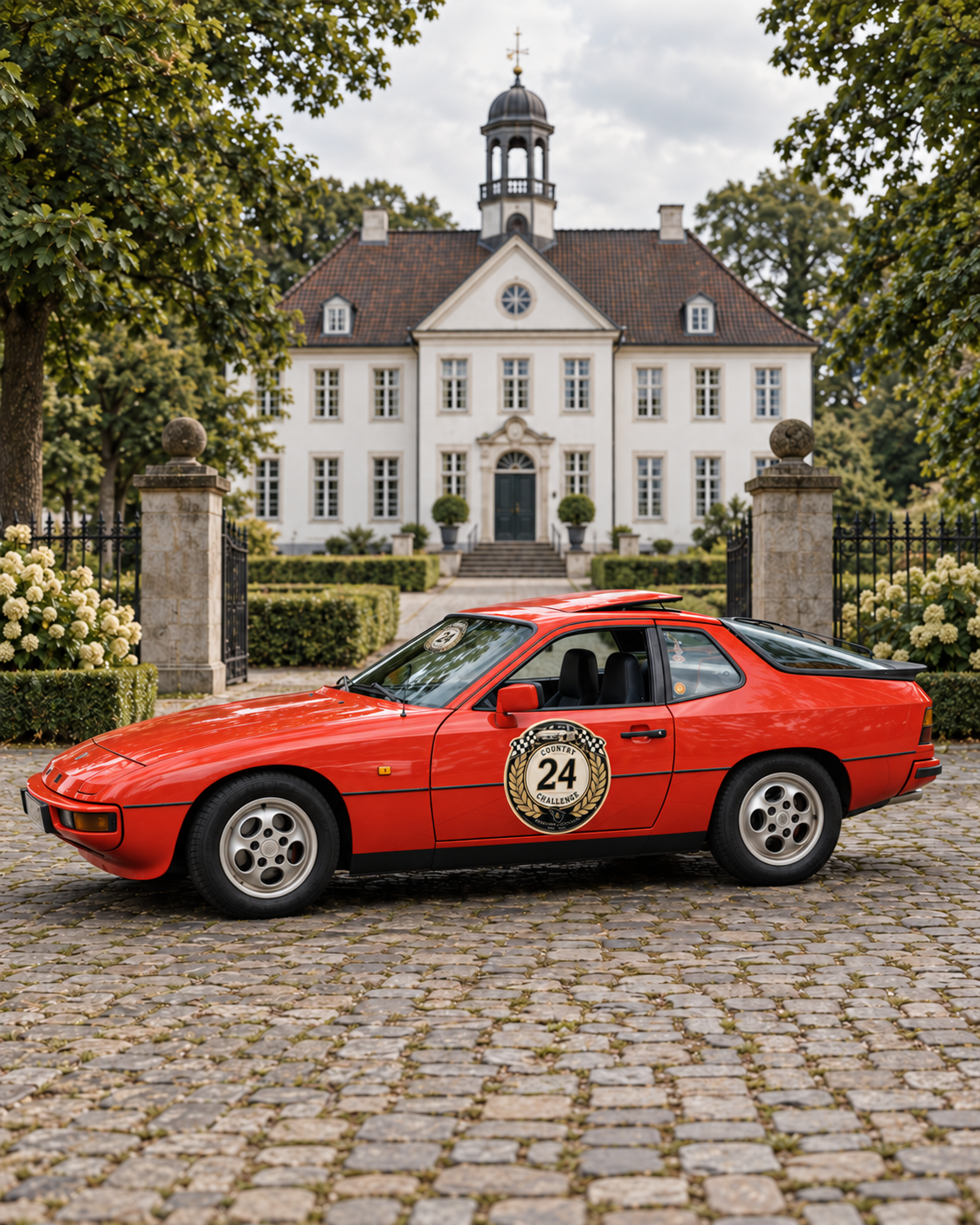 Roter Porsche 924 vor einem Herrenhaus